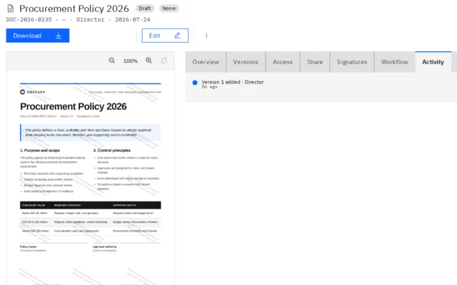 A sample document record in Obscura, which shows its number, its status and its activity history.