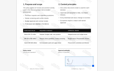 A signature is being placed directly on a sample document page in Obscura.